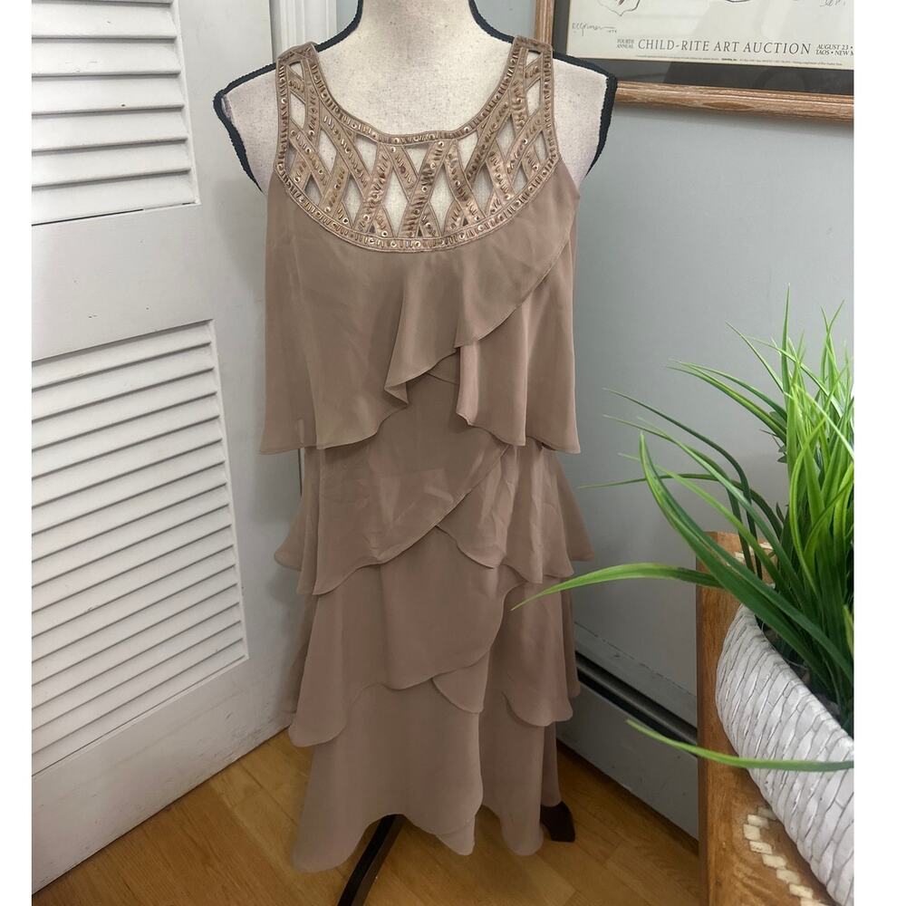 SL Fashions Dress Womens 12 Brown Tiered Ruffle Midi Beaded Cocktail Fairycore